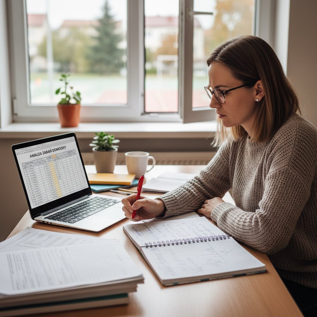 Zdjęcie nauczyciela sprawdzającego zadania na laptopie, obok notatnik z matematycznymi wzorami