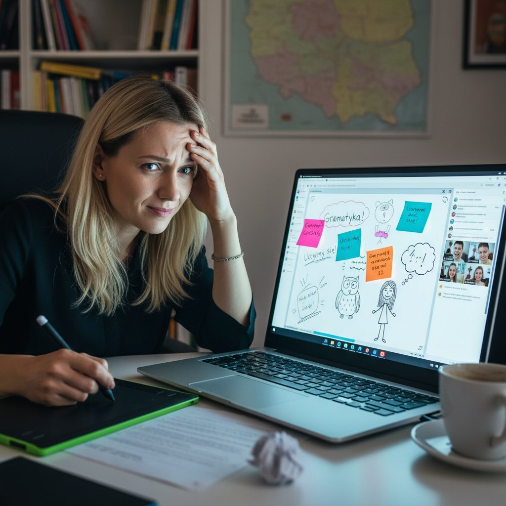 Nauczycielka z mieszanymi uczuciami pracująca przy laptopie z włączoną tablicą online
