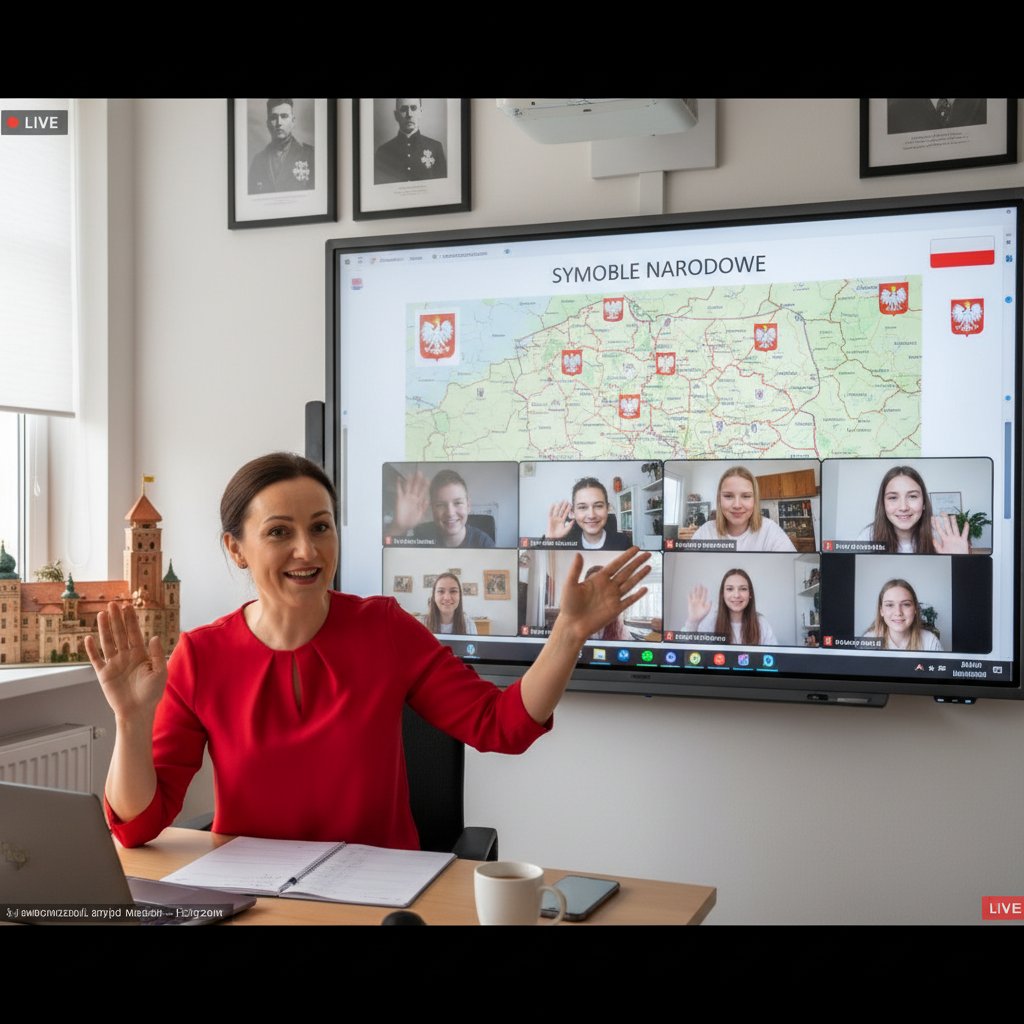 Nauczycielka prowadząca lekcję WOS online z tablicą interaktywną i uczniami na ekranach