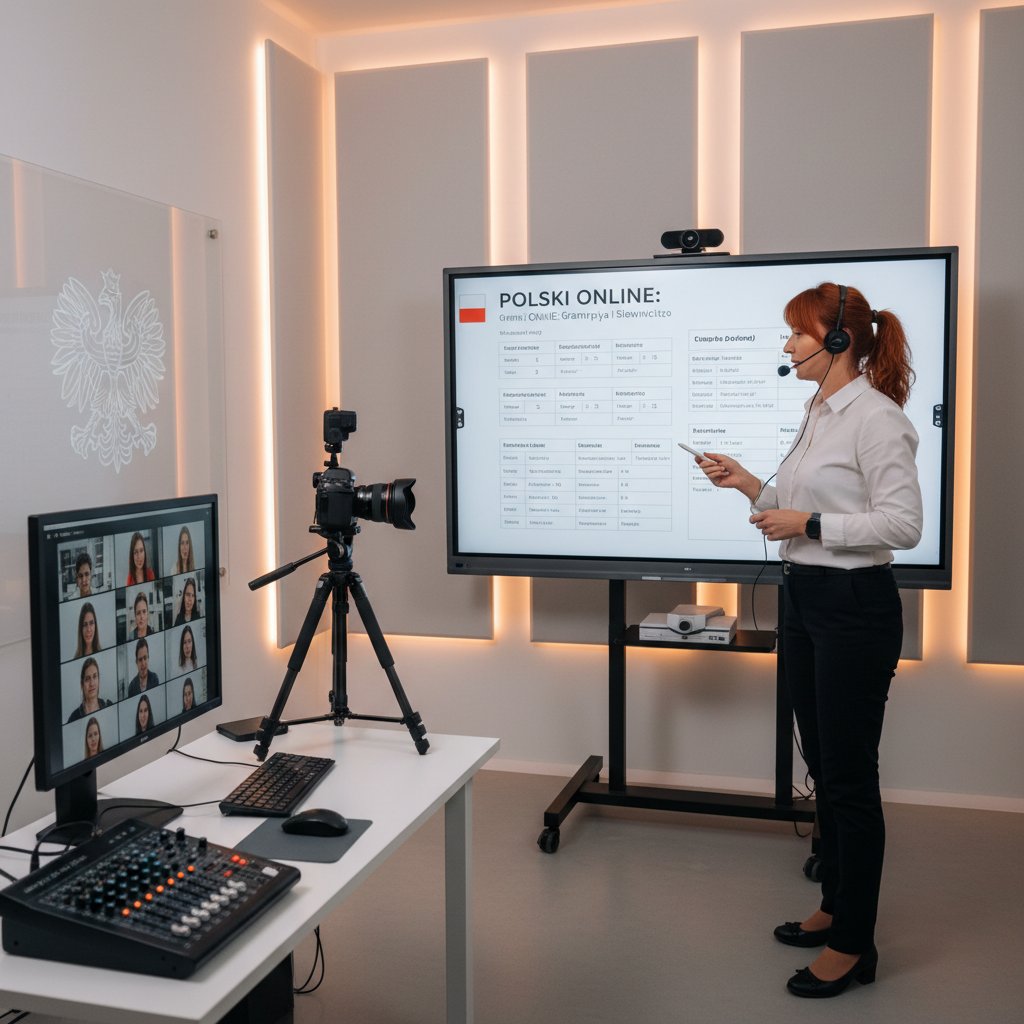Polska nauczycielka prowadząca kurs online z nowoczesnym wyposażeniem i tablicą