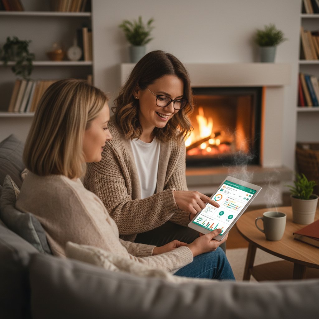 Nauczyciel i rodzic w polskim wnętrzu wspólnie konfiguruje platformę adaptacyjną na laptopie