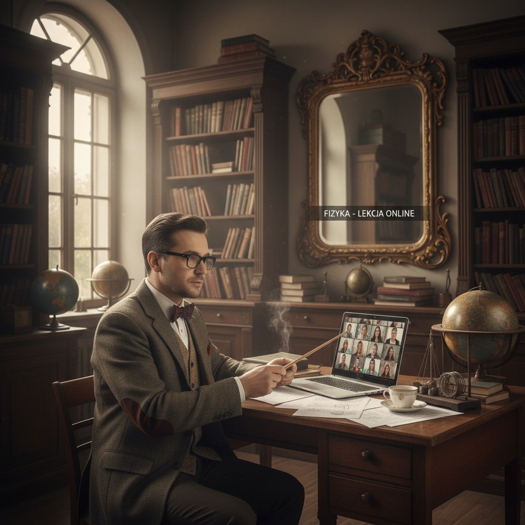 Starszy nauczyciel prowadzący lekcję fizyki online przez laptop