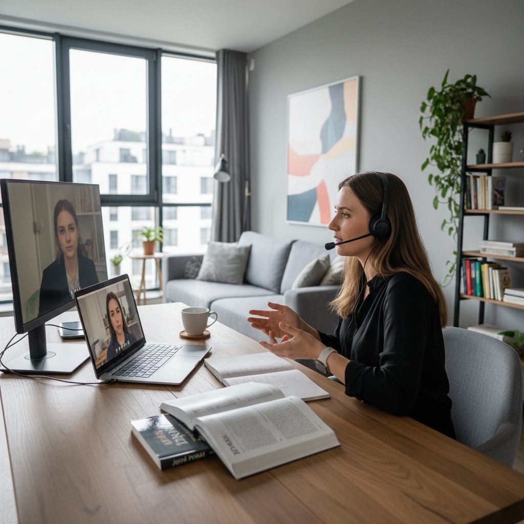 Polska nauczycielka prowadząca zdalną lekcję w nowoczesnym mieszkaniu, komputer i mikrofon