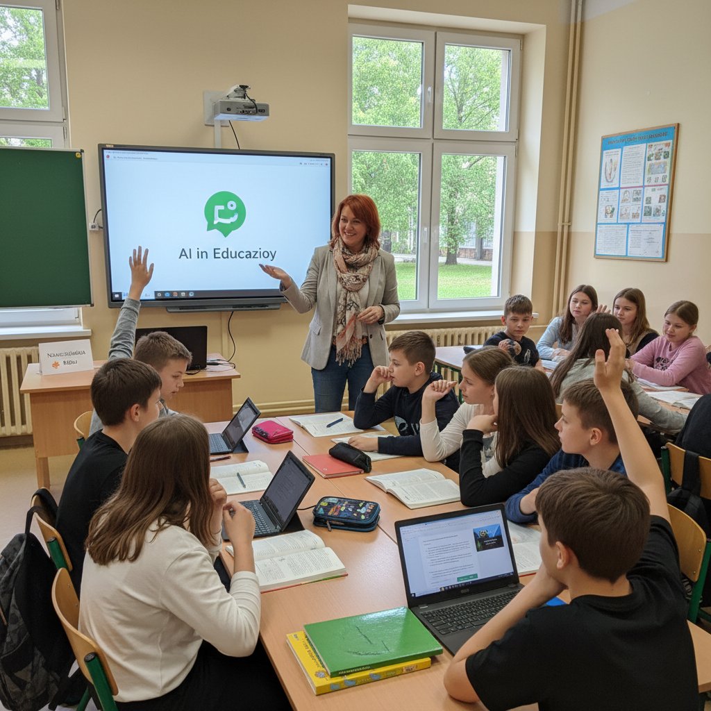 Polski nauczyciel korzysta z chatgpt na lekcji, uczniowie z laptopami, tablica, szkoła w tle