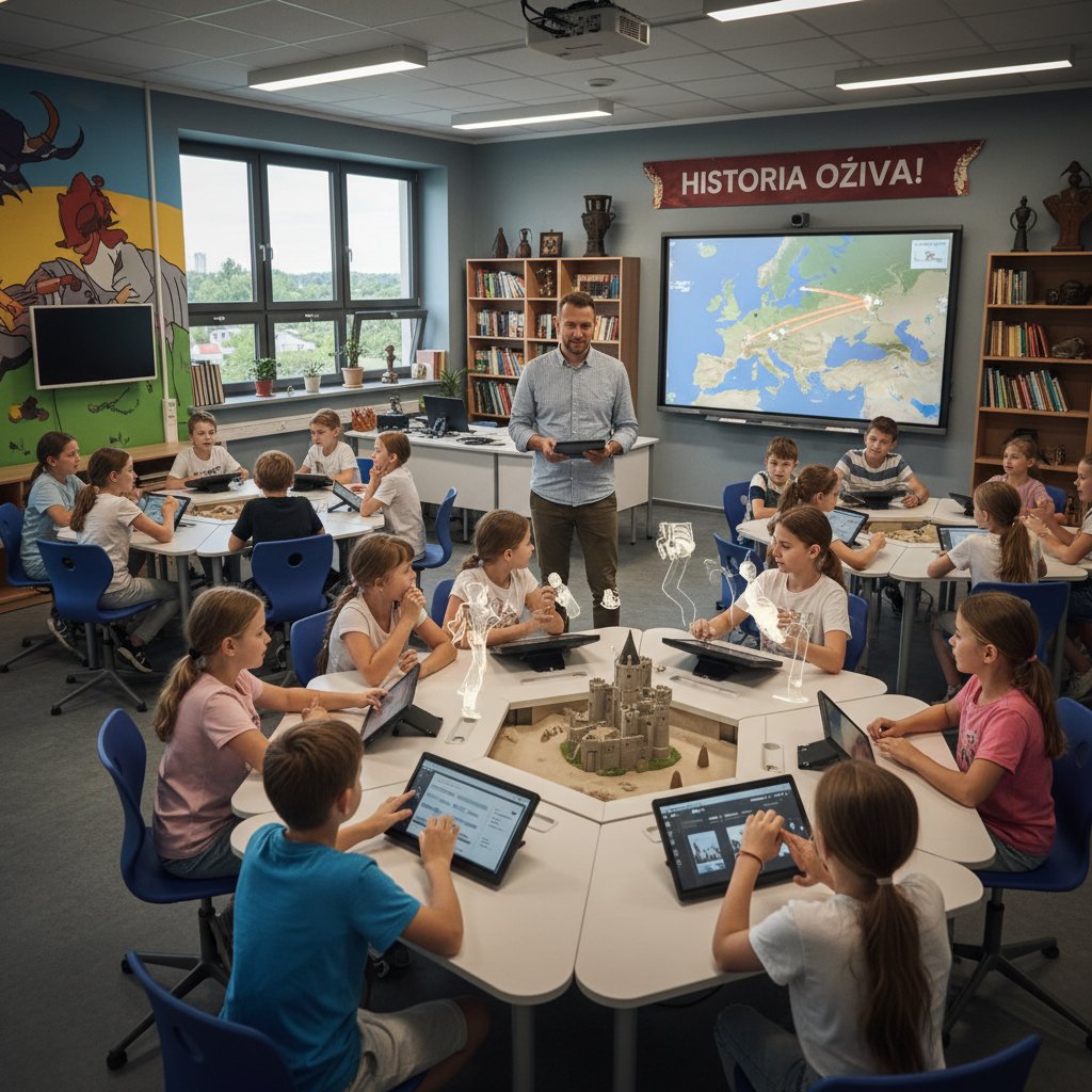 Polska nauczycielka prowadzi kreatywną, interaktywną lekcję historii z wykorzystaniem tabletów w klasie