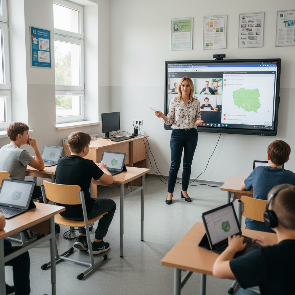 Polski nauczyciel prowadzący lekcję biofizyki z wykorzystaniem tabletu, mieszany model nauki