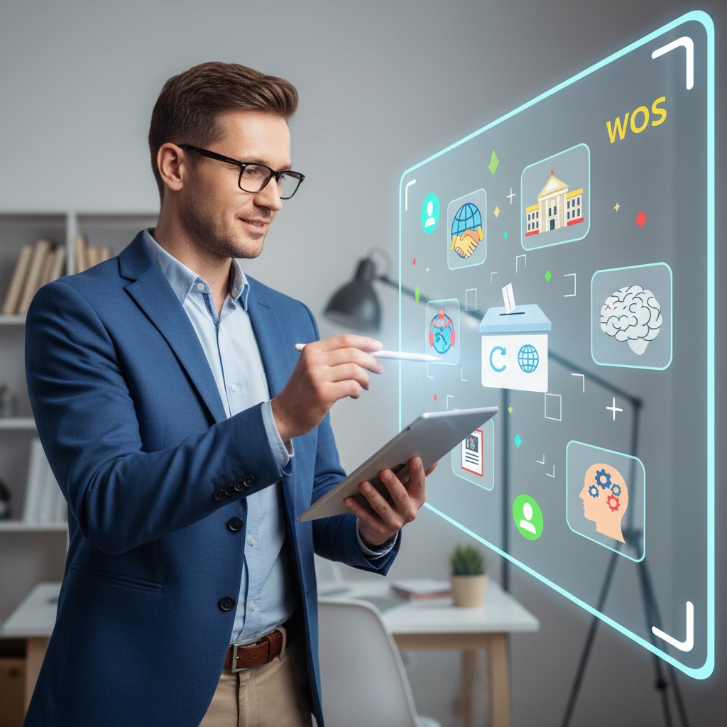 Nauczycielka korzystająca z tabletu podczas wirtualnej lekcji WOS, z animowanymi ikonami społecznymi