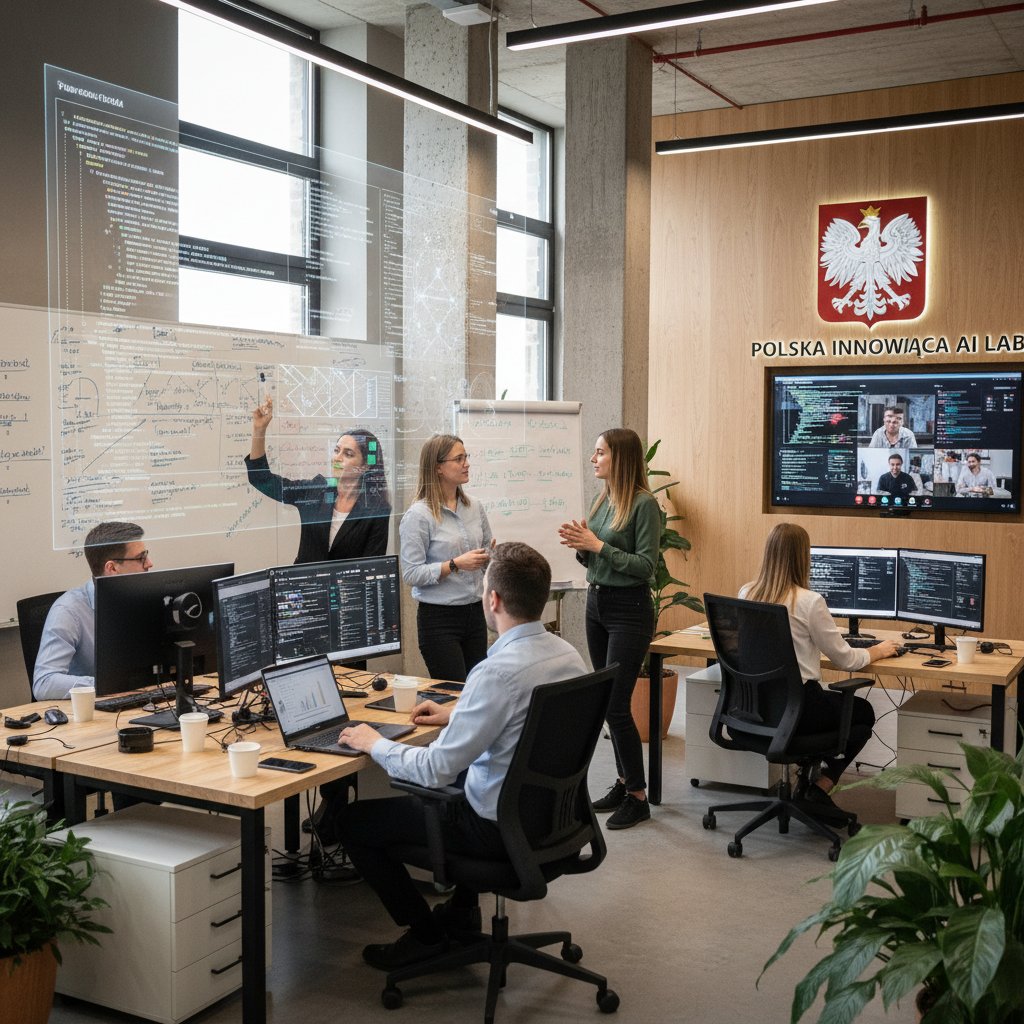 Zespół projektowy pracujący z AI w polskim biurze, plansze z danymi, współpraca