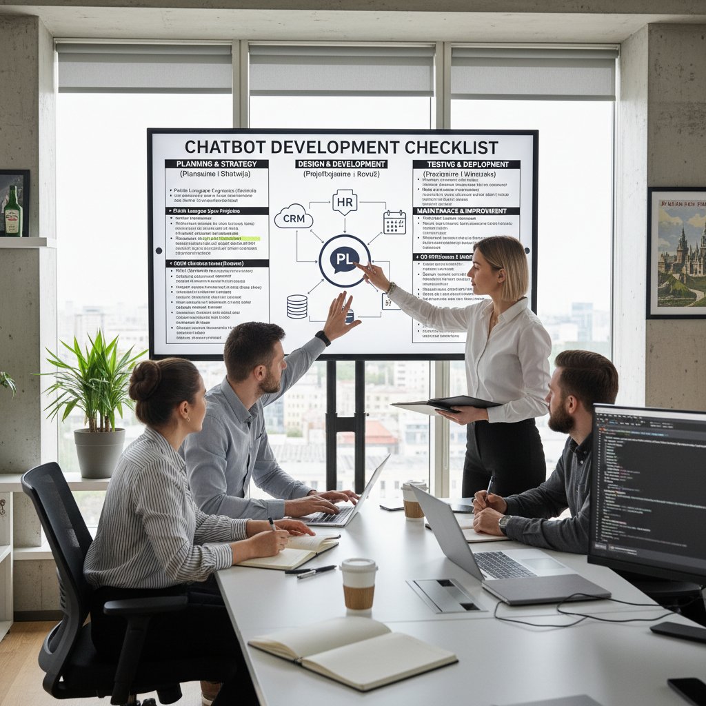 Zespół w polskim biurze analizujący checklistę wdrożenia chatbota