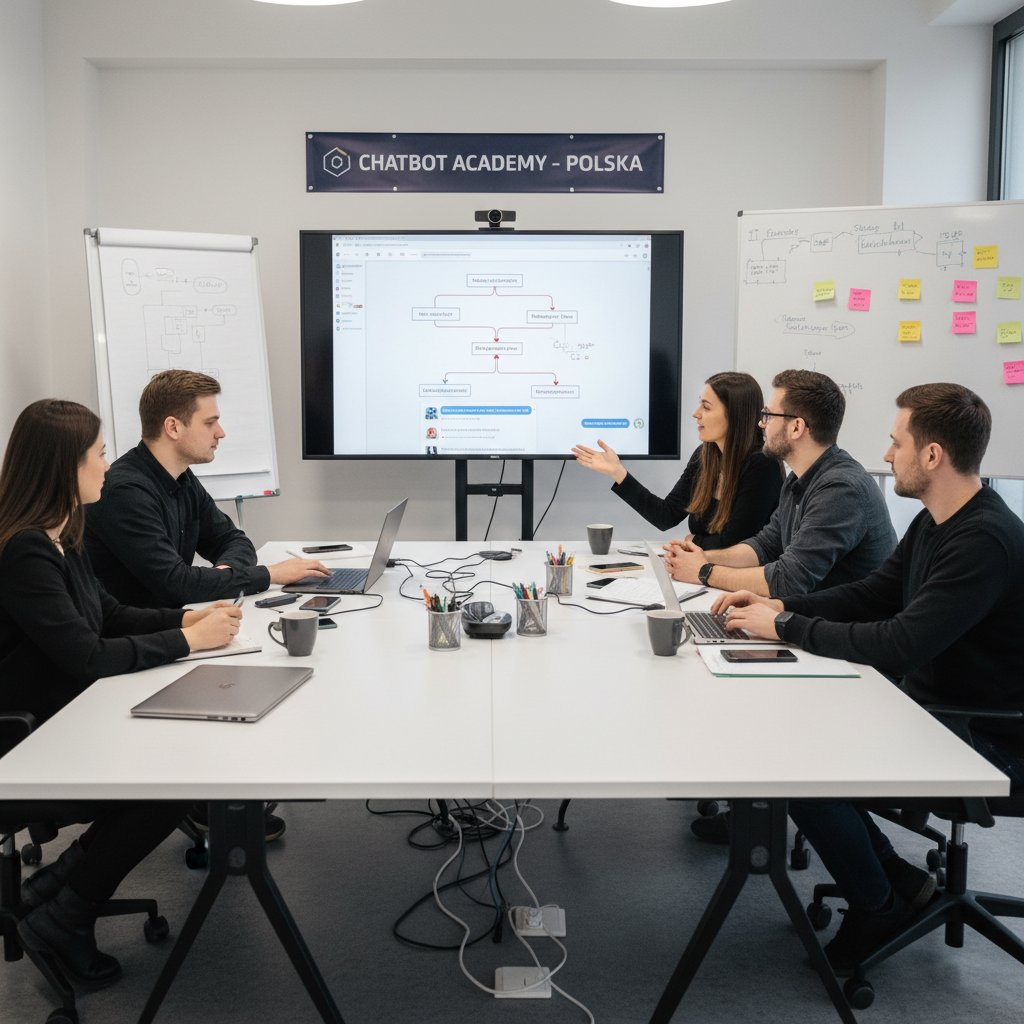 Zespół firmy podczas szkolenia z obsługi chatbota B2C, zdjęcie dokumentalne, ekran z interfejsem chatbota