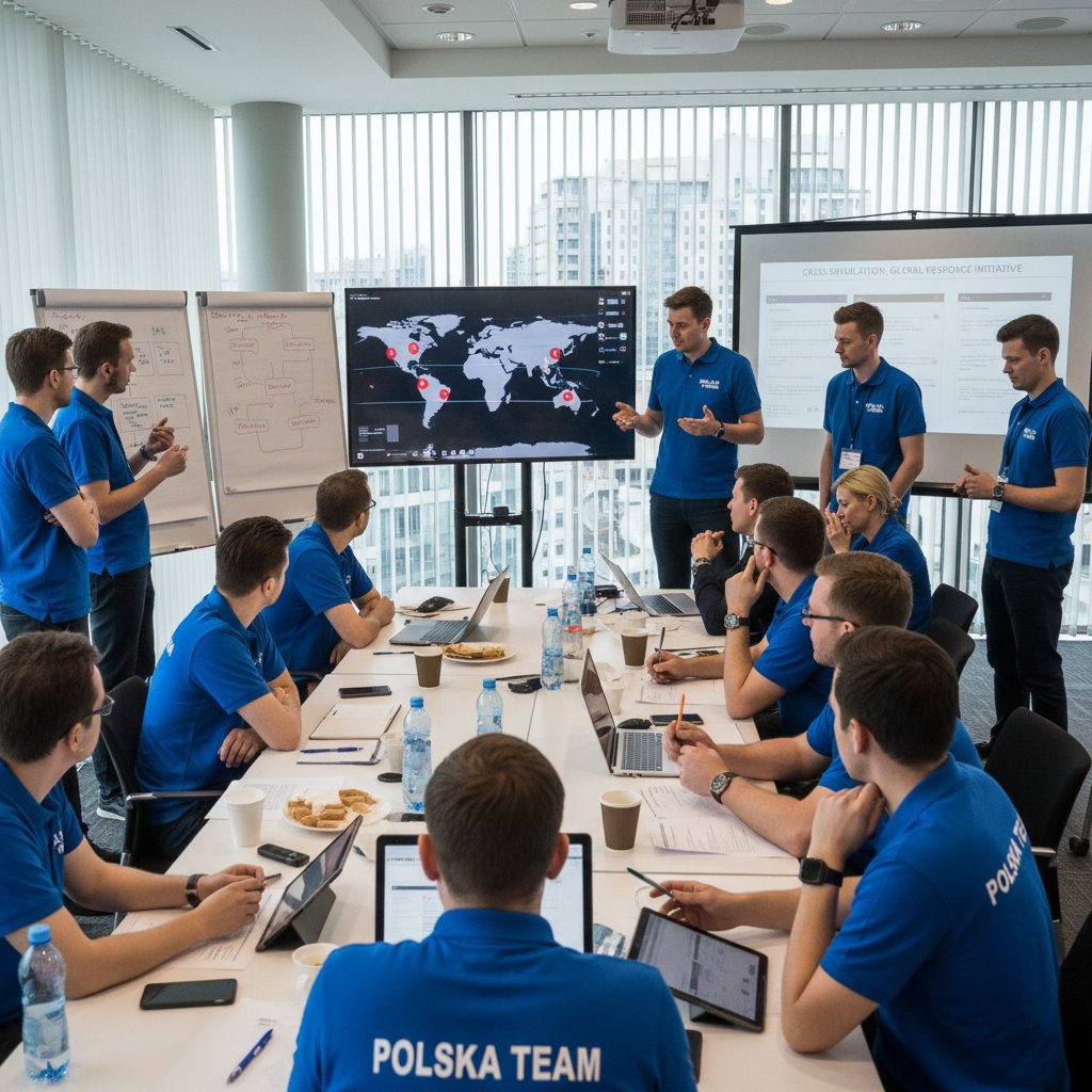 Polscy pracownicy uczestniczą w symulacji zagrożeń na sali konferencyjnej