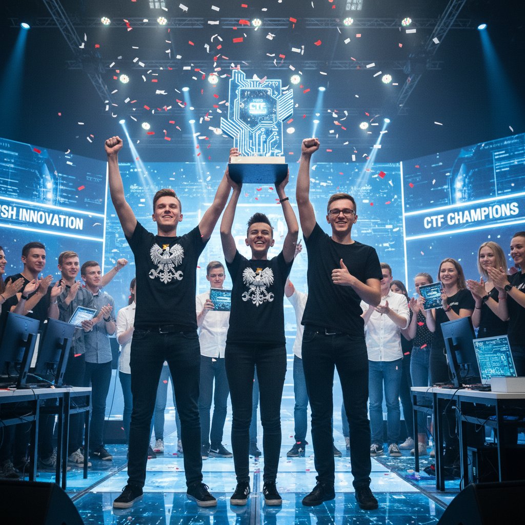 Zespół młodych polskich ethical hackerów celebrujących zwycięstwo w konkursie CTF, radość i innowacja
