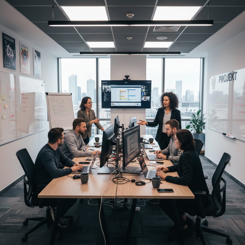 Polski zespół korzystający z różnych narzędzi cyfrowych do współpracy