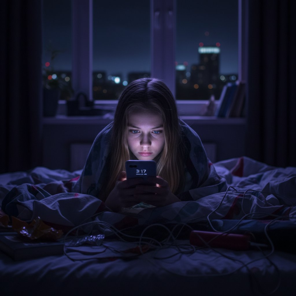 Młody człowiek wpatrzony w ekran, noc, światło smartfona, uzależnienie cyfrowe