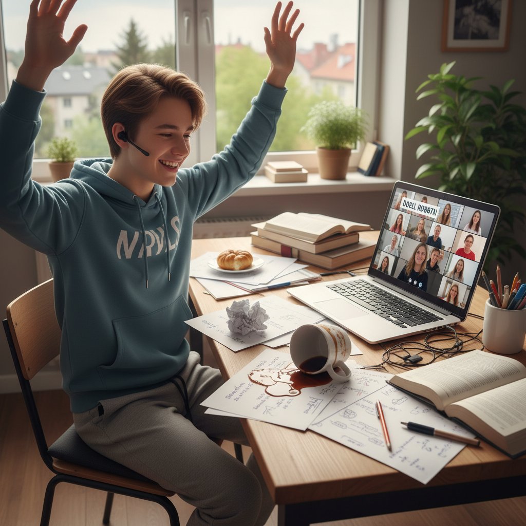Sukces po korepetycjach online – radość ucznia, rozrzucone notatki, rozlana kawa