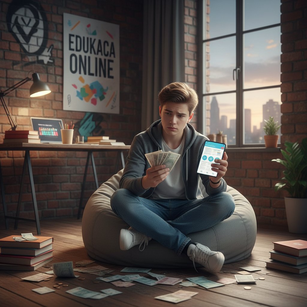 Nastolatek liczy pieniądze i porównuje oferty korepetycji online i offline, matura 2024