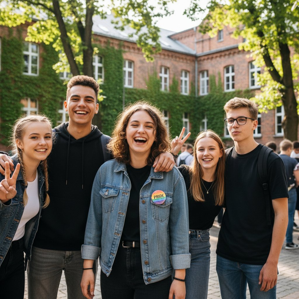 Młoda osoba w szkole średniej, uśmiechnięta, z tęczową przypinką i grupą znajomych