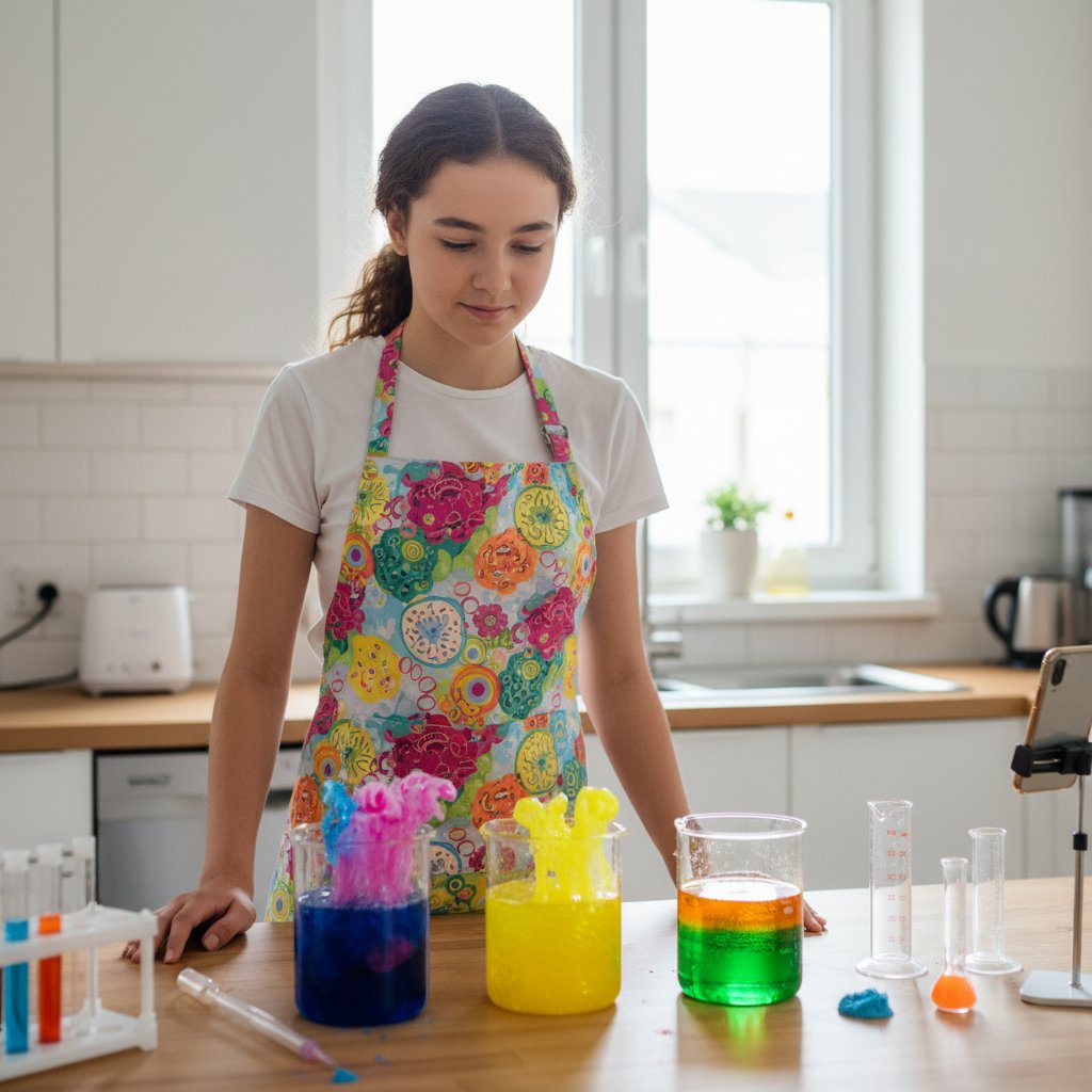 Nastolatek wykonuje domowy eksperyment chemiczny w kuchni, kolorowe produkty, chemia w życiu codziennym