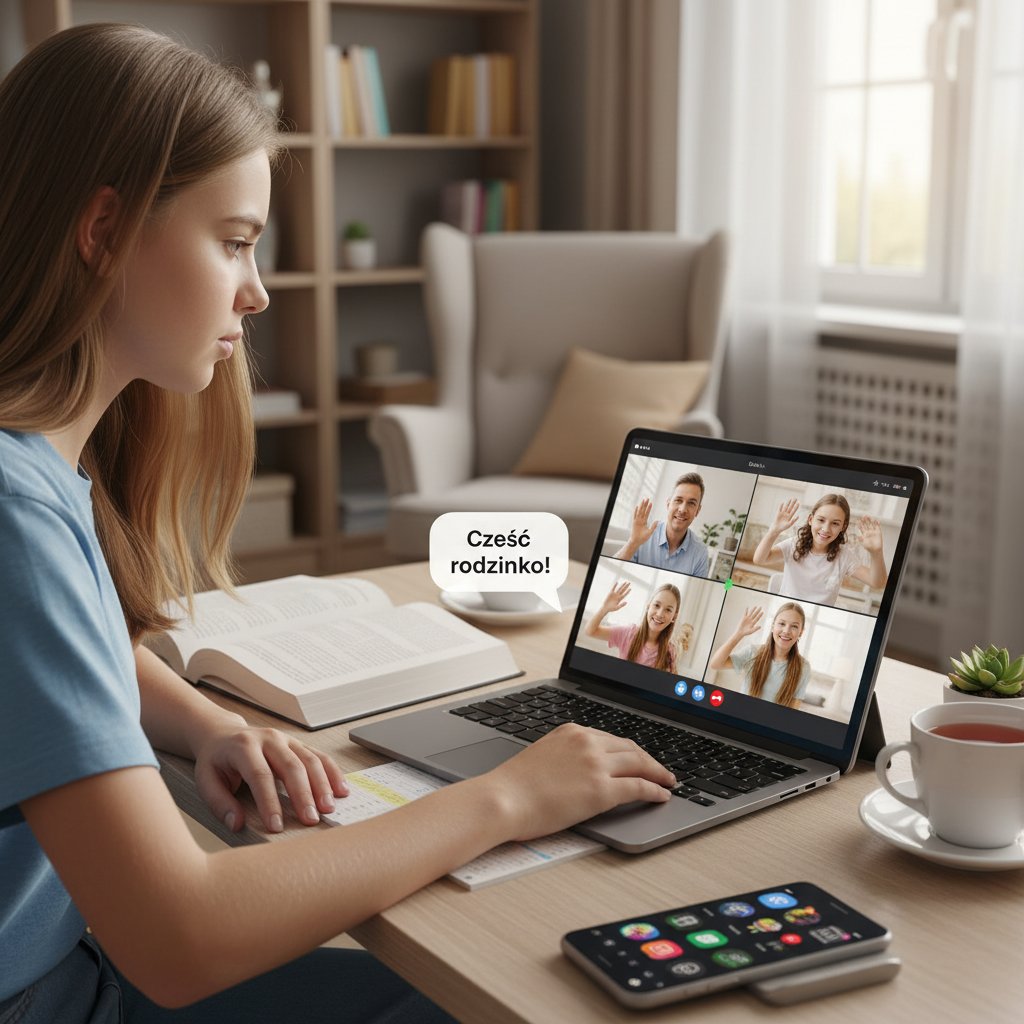 Nastolatek uczący się przy komputerze z otwartym czatem, obok rozmawiający z rodziną, balans między światami