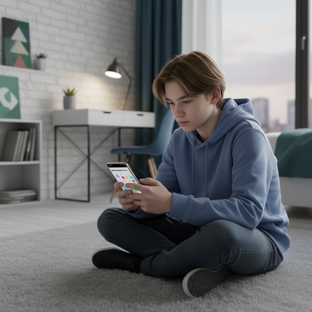 Polski nastolatek korzystający z aplikacji matematycznej na smartfonie, nowoczesne wnętrze