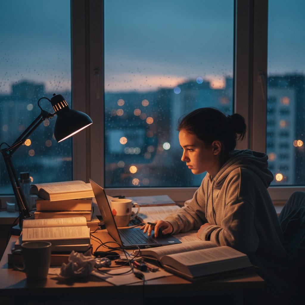 Uczeń przygotowujący się do WOS rozszerzonego online wieczorem w swoim pokoju