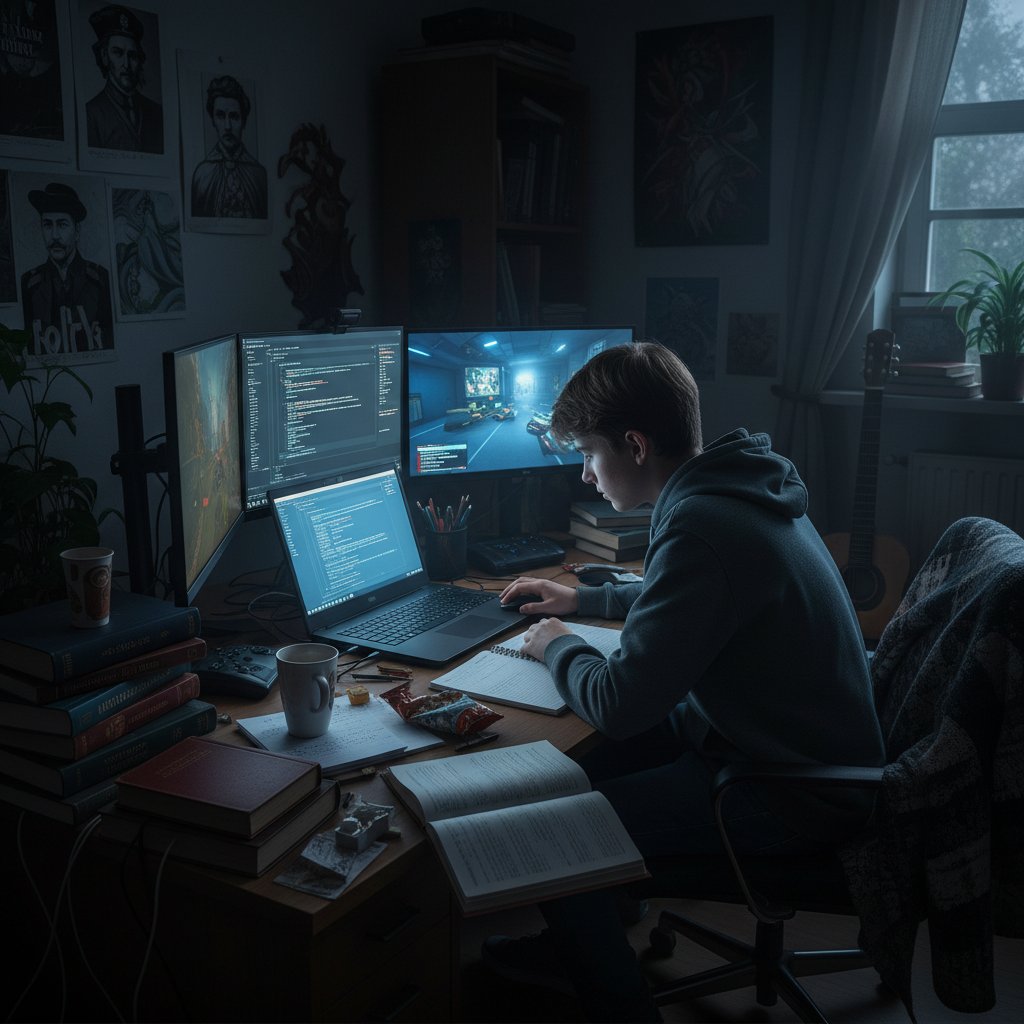 Nastolatek przy biurku z laptopem i książkami, nauka online kontra tradycyjna – metodyka korepetycje online w praktyce