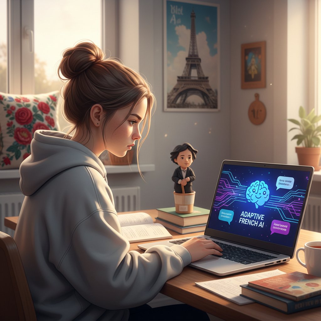 Nastolatka korzystająca z adaptacyjnego kursu francuskiego AI na laptopie