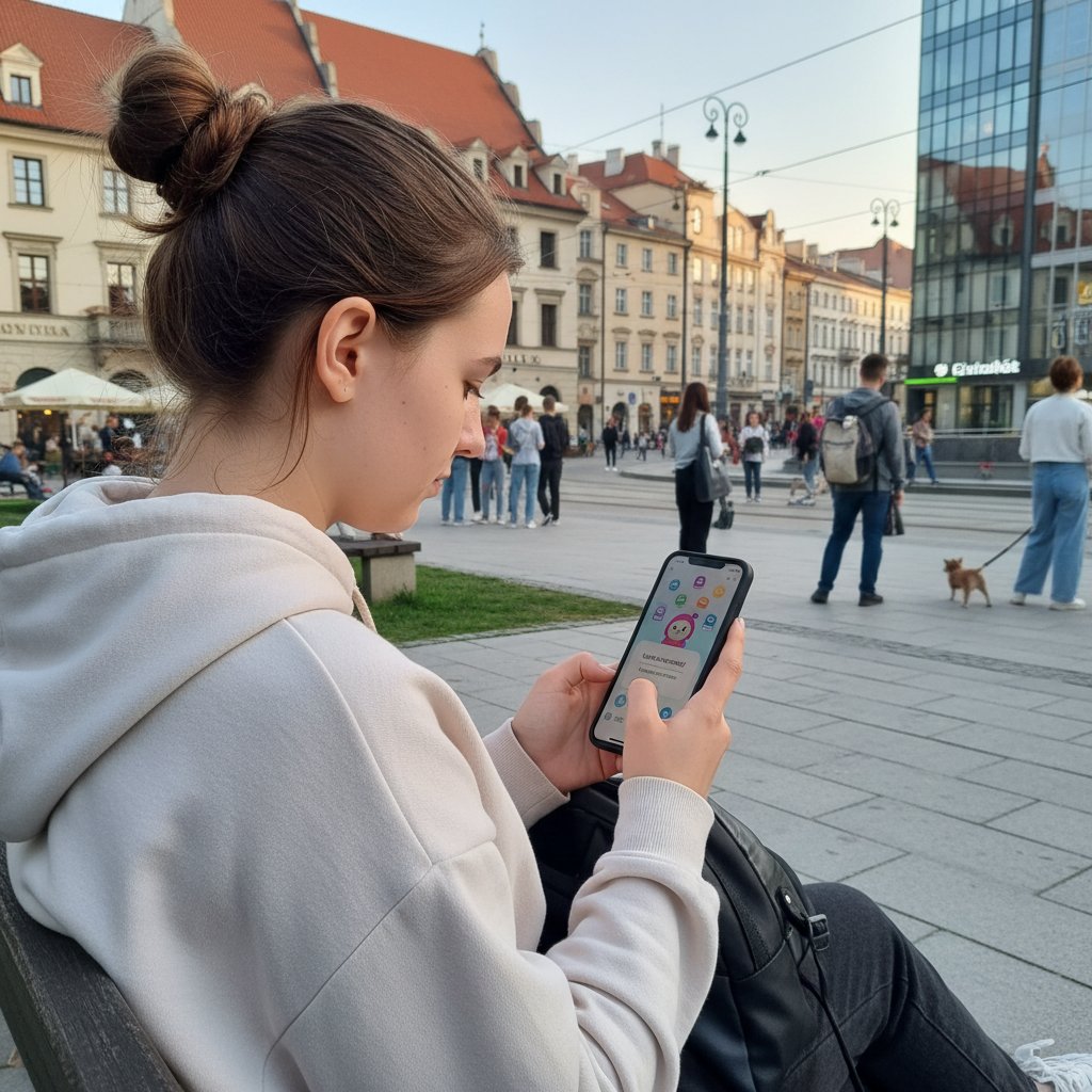 Nastolatek korzystający z aplikacji AI do nauki angielskiego, ekran smartfona