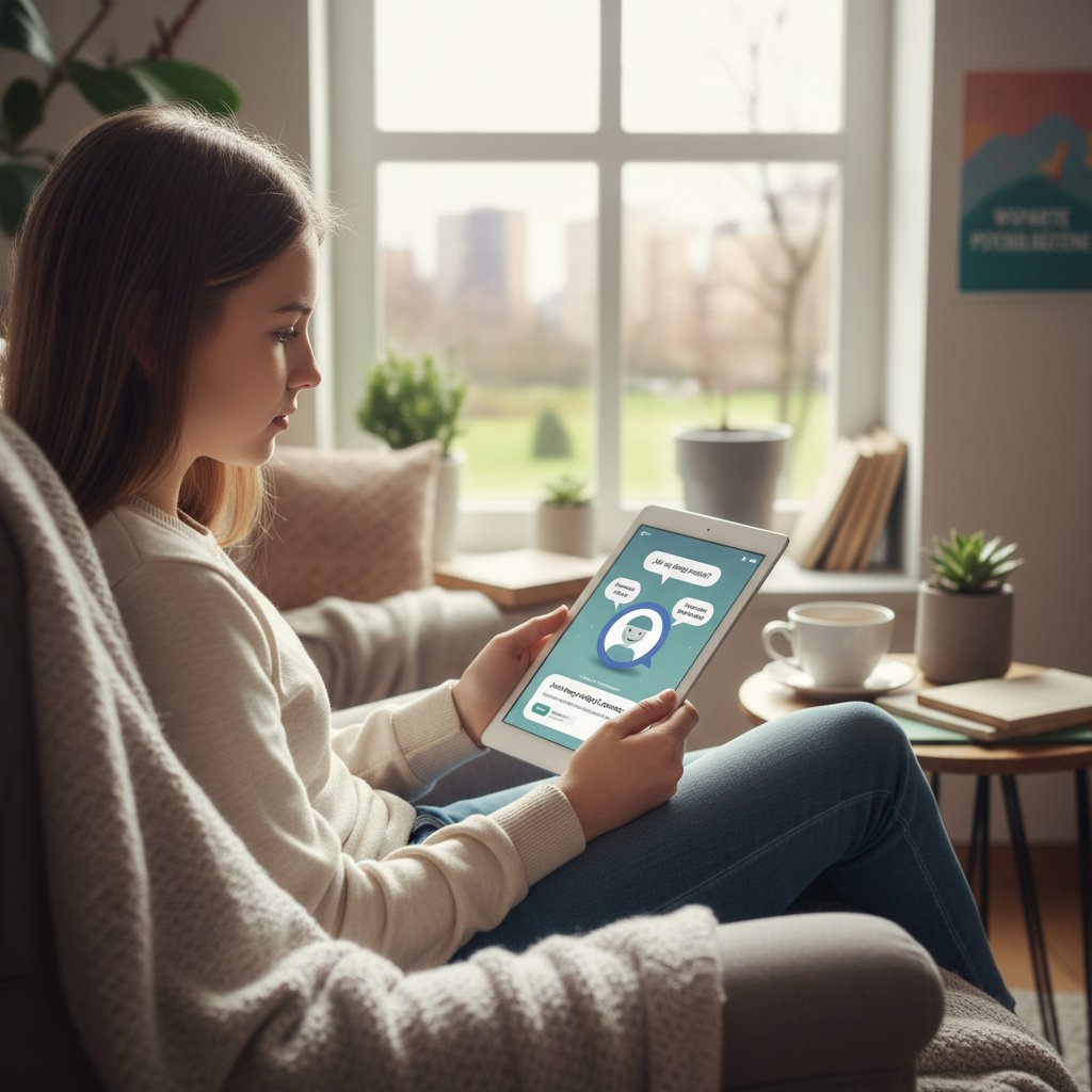 Nastolatek korzystający z aplikacji AI do wsparcia psychologicznego, analiza symptomów, zdrowie psychiczne młodzieży