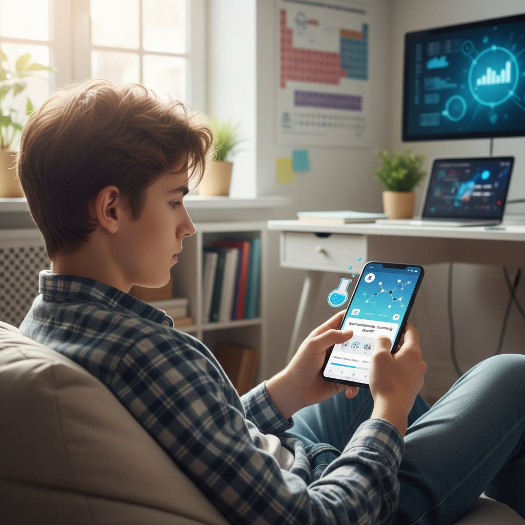 Nastolatek korzysta z platformy AI do nauki chemii na smartfonie, personalizacja nauki