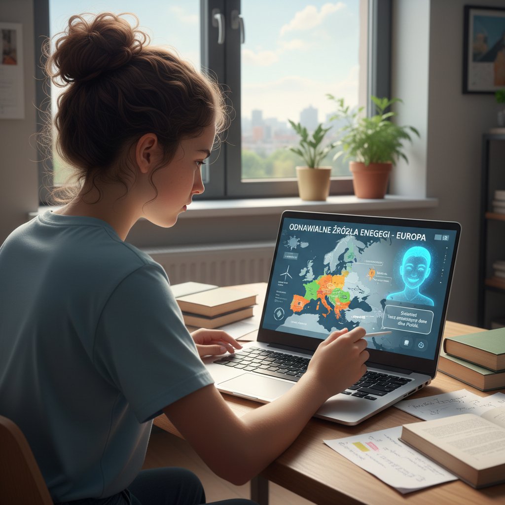 Nastolatek korzystający z AI tutor na laptopie, skupienie, ekran z mapą tematyczną