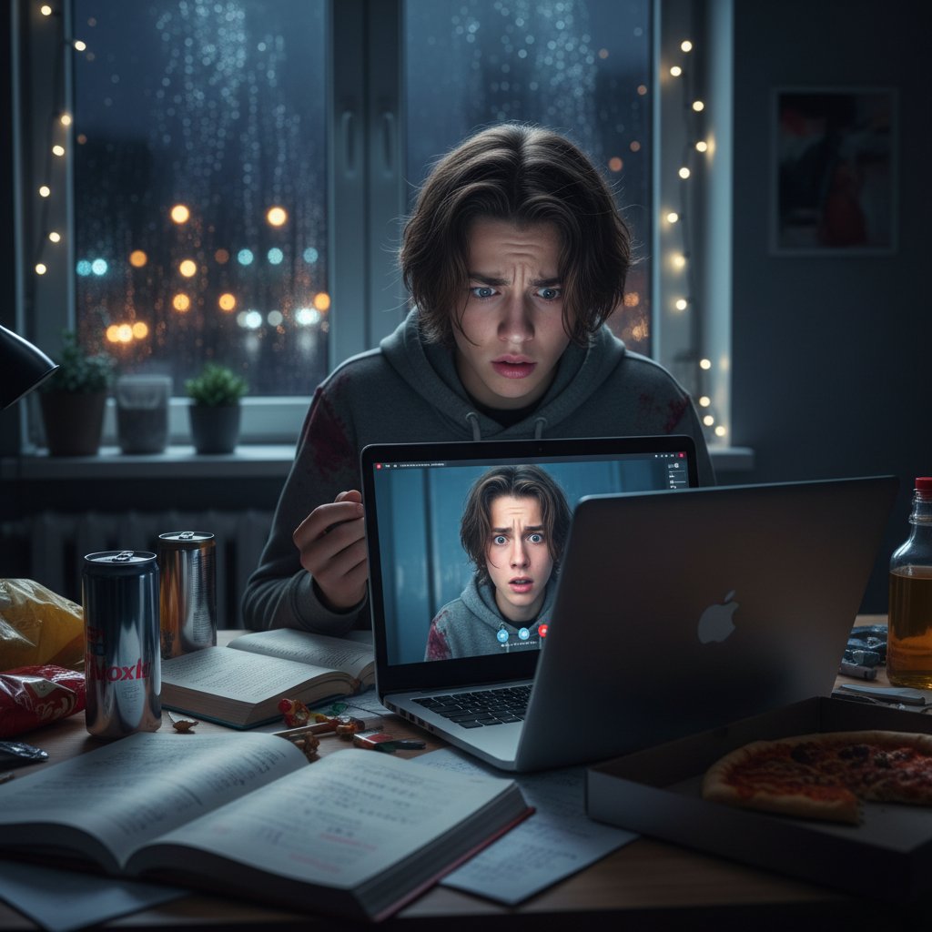 Polski nastolatek zestresowany przed laptopem podczas egzaminu online, nocna sceneria, bałagan na biurku