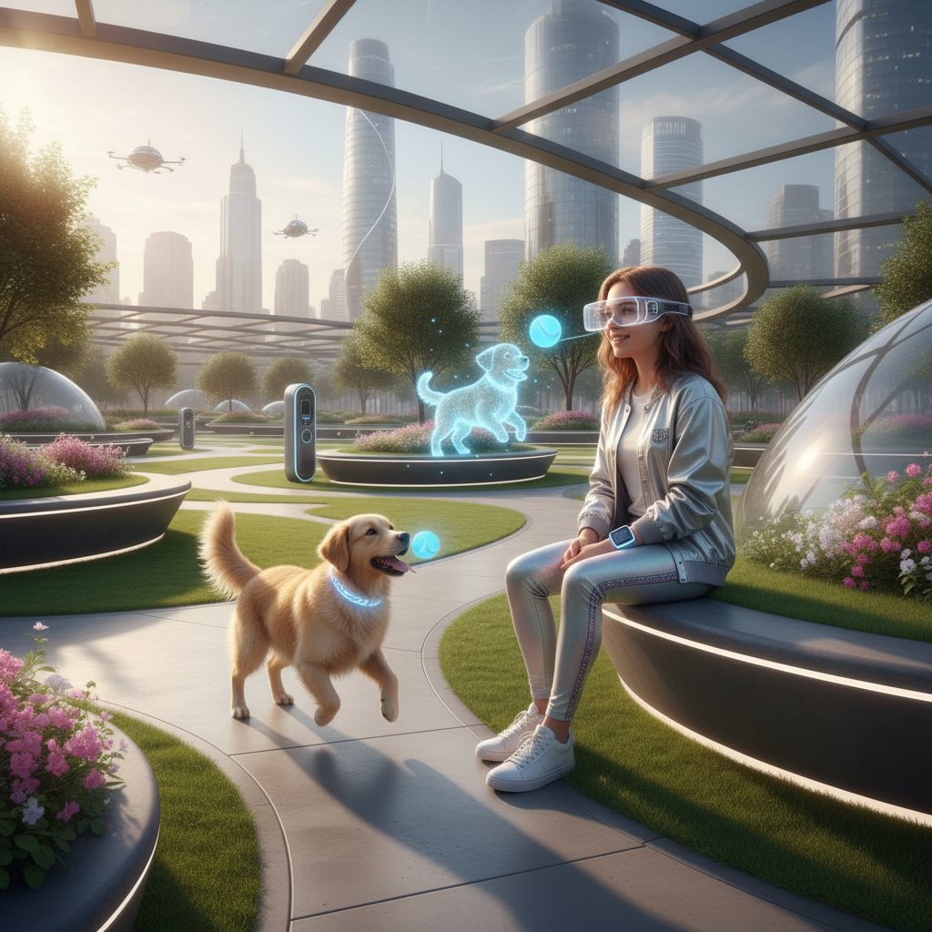 Polski nastolatek używa okularów AR do interakcji z wirtualnym psem w realnym parku