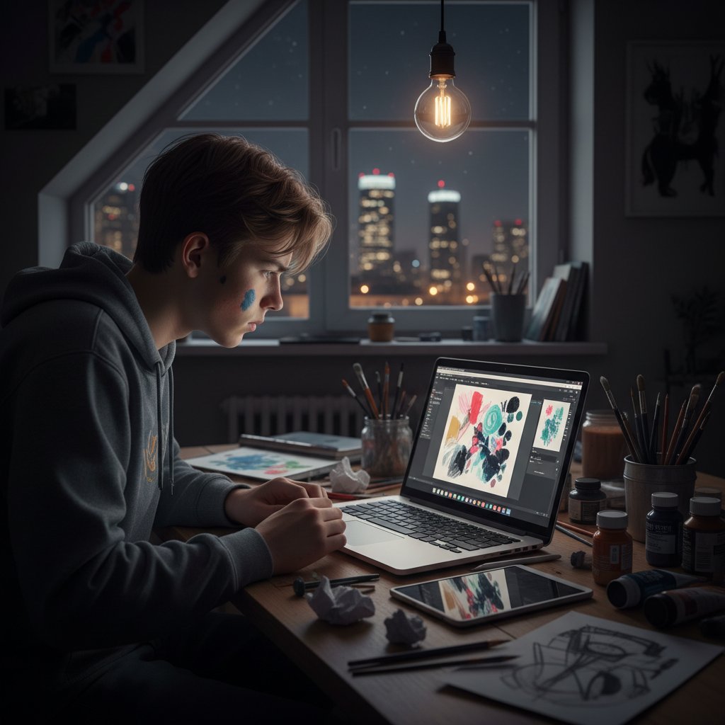 Nastolatek z Polski pracujący nad projektem plastycznym nocą przy laptopie, szkice i farby na biurku, wyraźny klimat skupienia i buntu