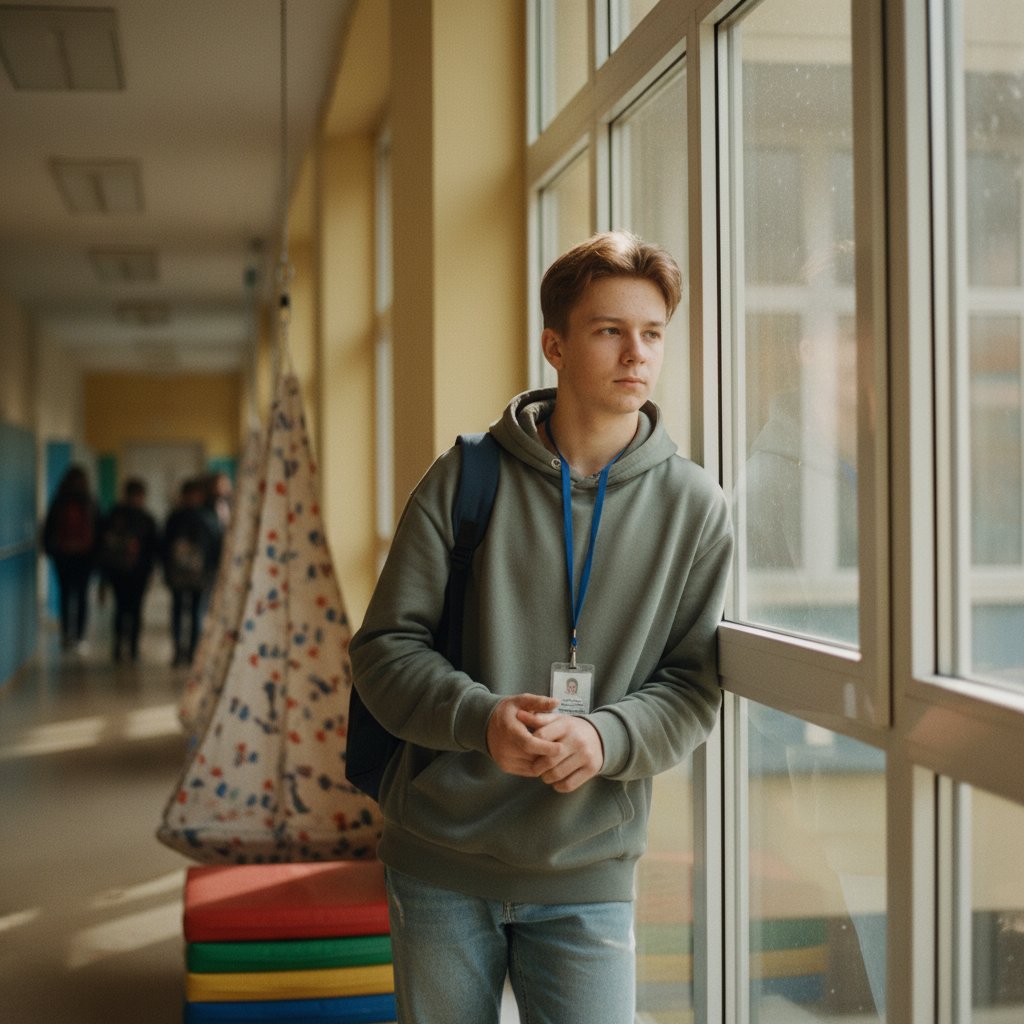 Polski nastolatek z autyzmem w klasie szkolnej, skupiony na zadaniu.