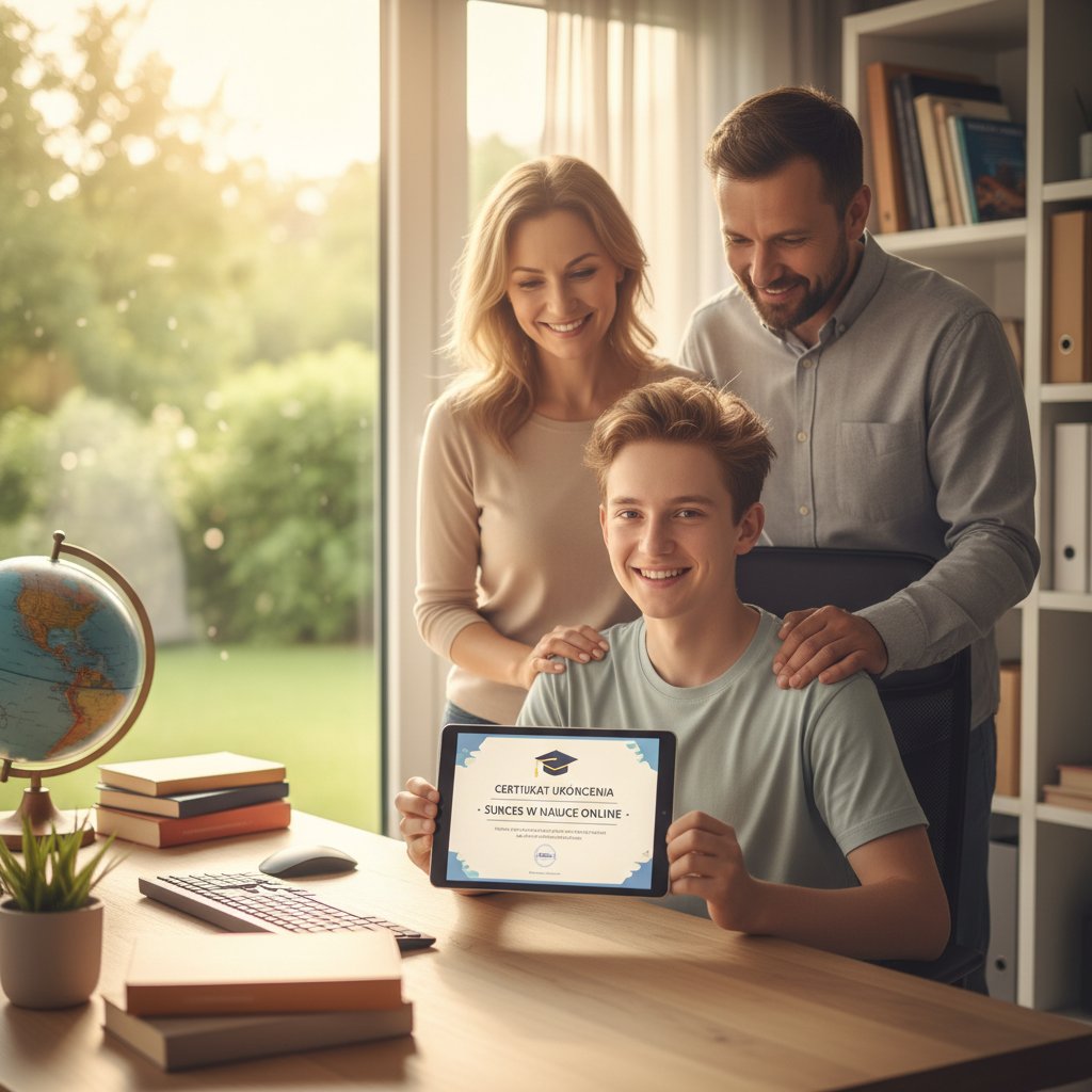 Nastolatek z zespołem Aspergera zadowolony po udanej lekcji online, ekran komputera, notatki, rodzinna atmosfera