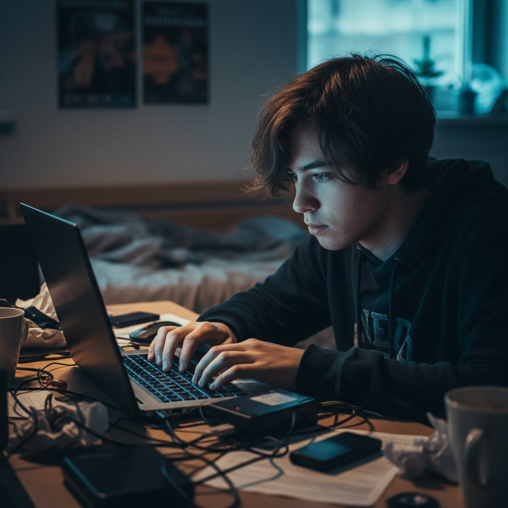 Nastolatek z autyzmem korzysta z laptopa podczas korepetycji online, skupiony i otoczony symbolami połączeń cyfrowych