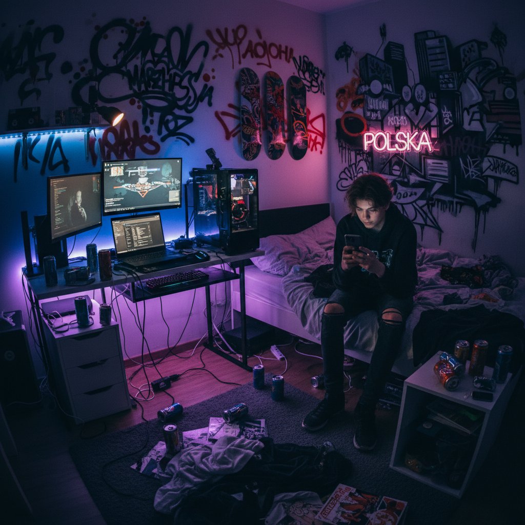 Nastolatek z telefonem, otoczony puszkami po napojach energetycznych i elektroniką