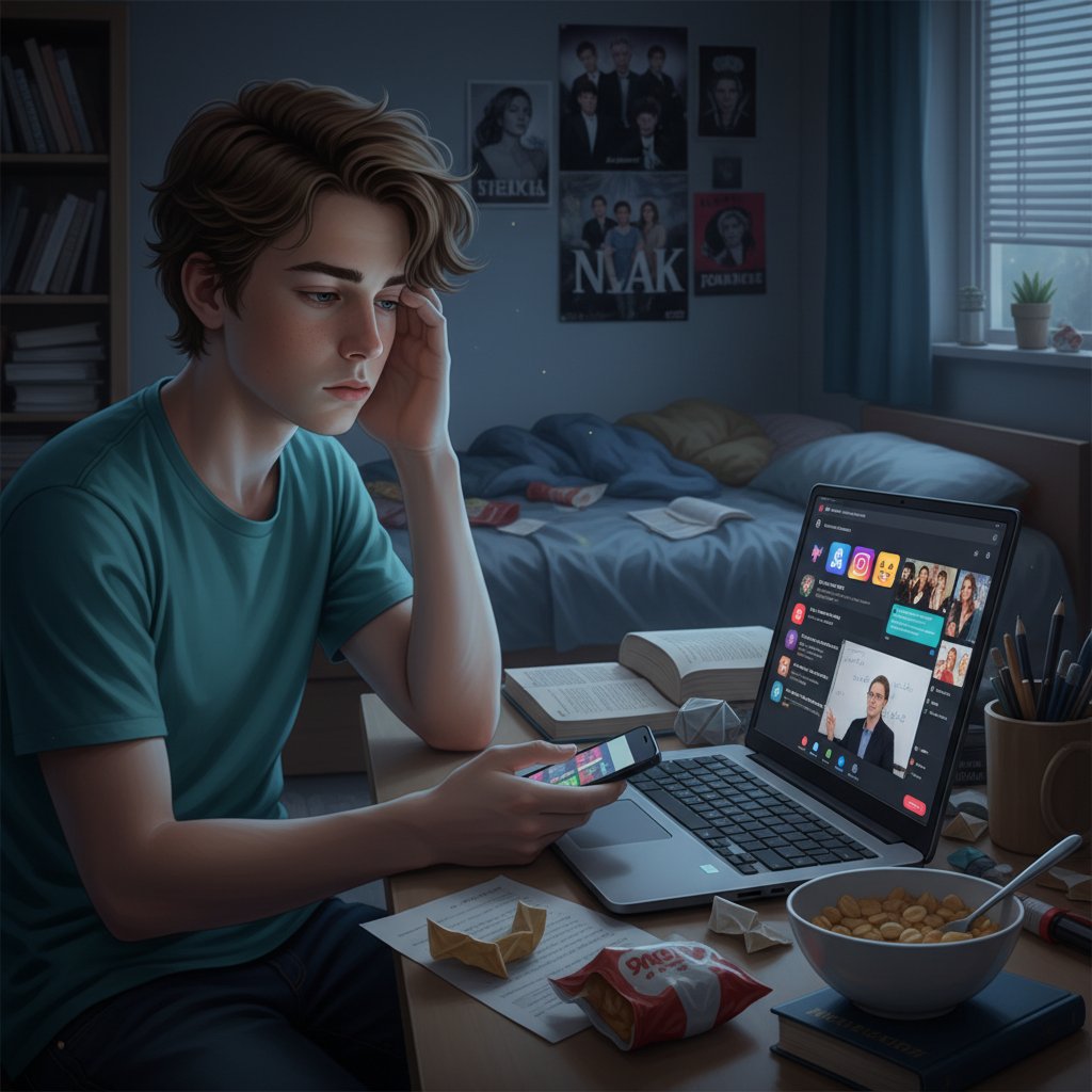 Nastolatek znudzony przed laptopem, rozkojarzenie, otwarte social media na ekranie