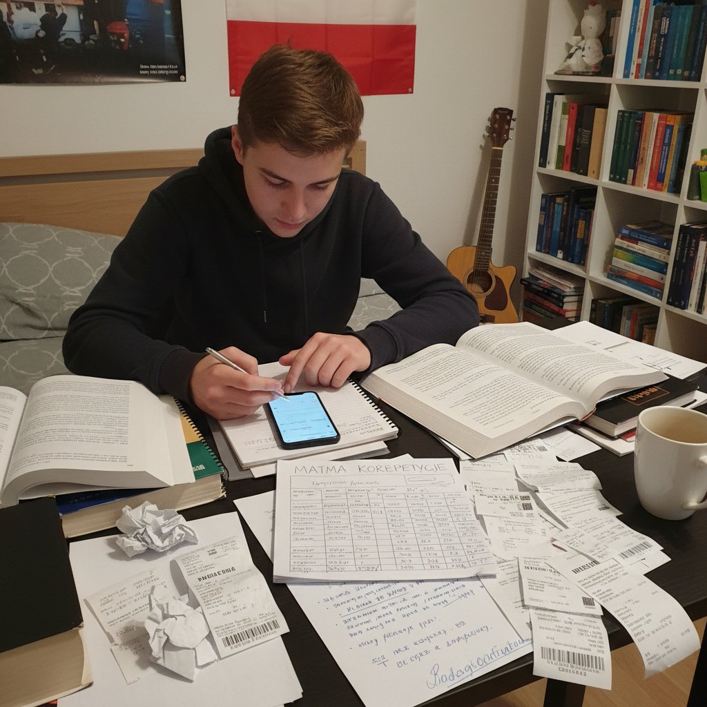 Nastolatek liczący koszty korepetycji online i offline, smartfon, notatki i rachunki na stole, intensywna koncentracja