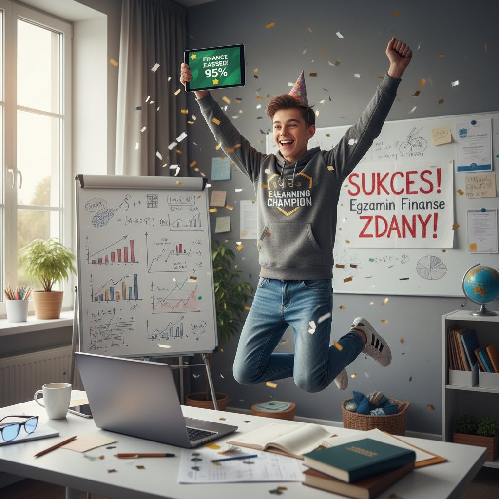 Polska nastolatka świętująca sukces egzaminacyjny po korepetycjach online z finansów
