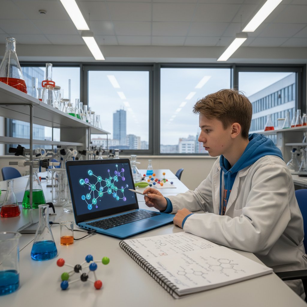 Nastolatek uczy się chemii podstawowej online z laptopem i szkłem laboratoryjnym