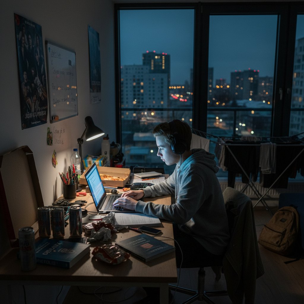 Polski nastolatek przy biurku z laptopem, materiały do nauki, klimat miejskiego mieszkania, napięcie i nadzieja