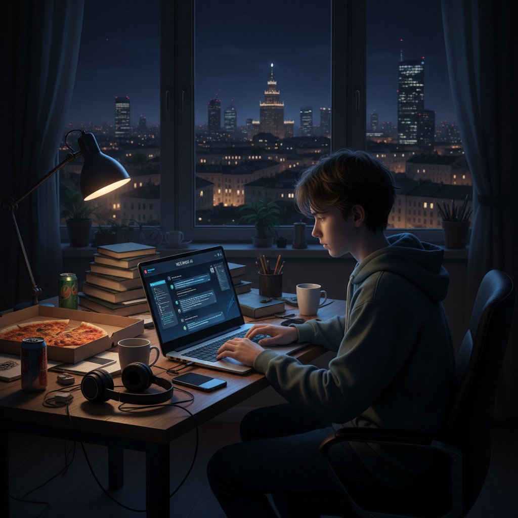 Nastolatek w Polsce przy biurku, laptop z interfejsem korepetytora AI, nocne miasto za oknem