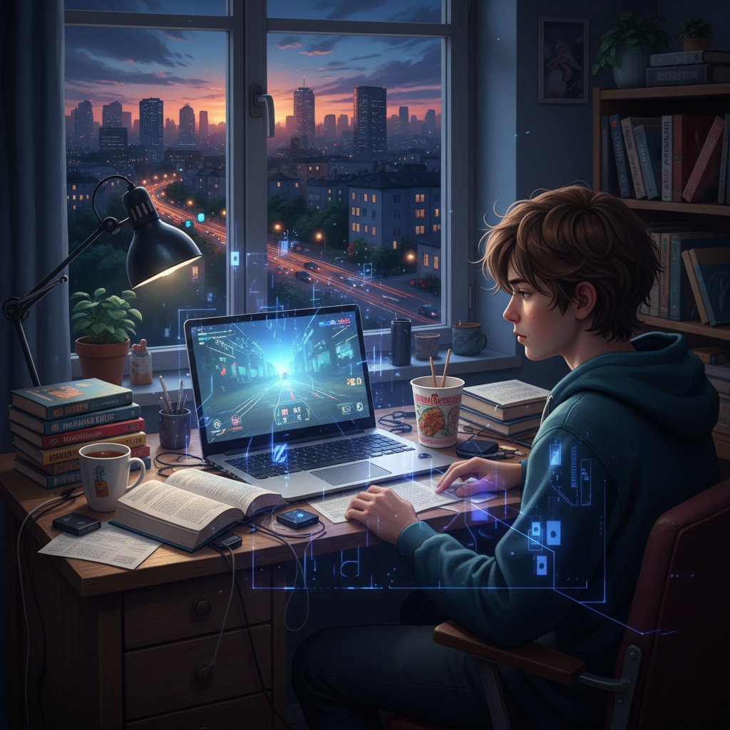 Nastolatek uczy się przy komputerze nocą w miejskiej scenerii, symbolizując cyfrową rewolucję edukacji online w Polsce