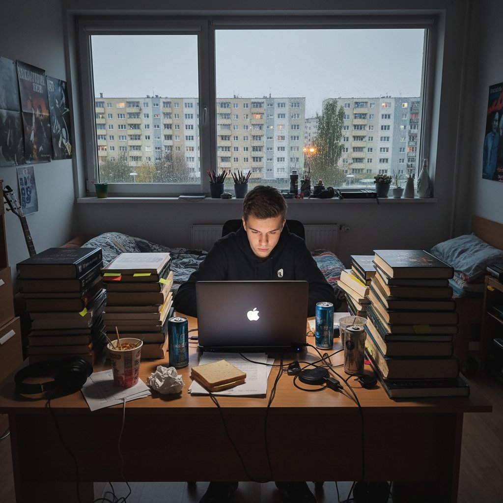 Nastoletni uczeń przy biurku nocą, laptop na moodle, podręczniki, surowy klimat miasta, edukacja online