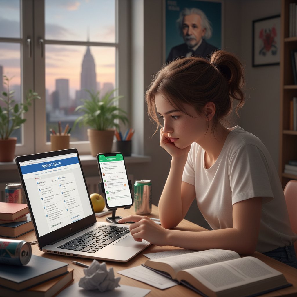 Uczeń porównujący rozwiązania z różnych platform edukacyjnych na smartfonie i laptopie, zadania z fizyki