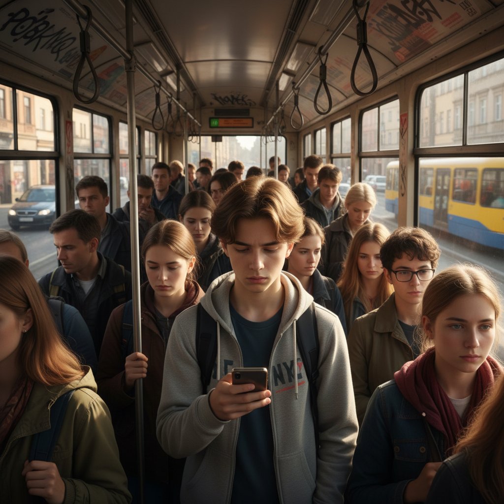 Nastolatek z nadpobudliwością w miejskim tłumie