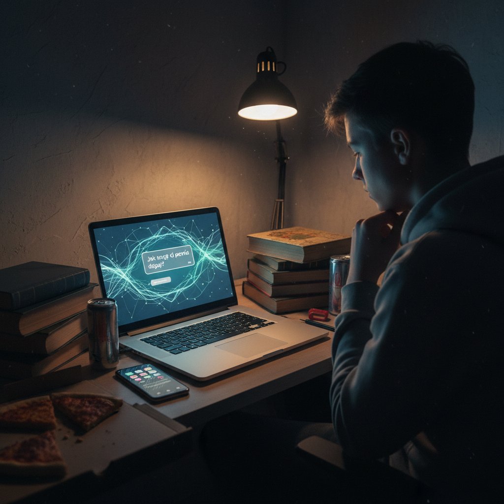 Polski uczeń korzystający z nauczania programowanego online w ciemnym pokoju, ekran laptopa z AI, książki, telefon, atmosfera napięta