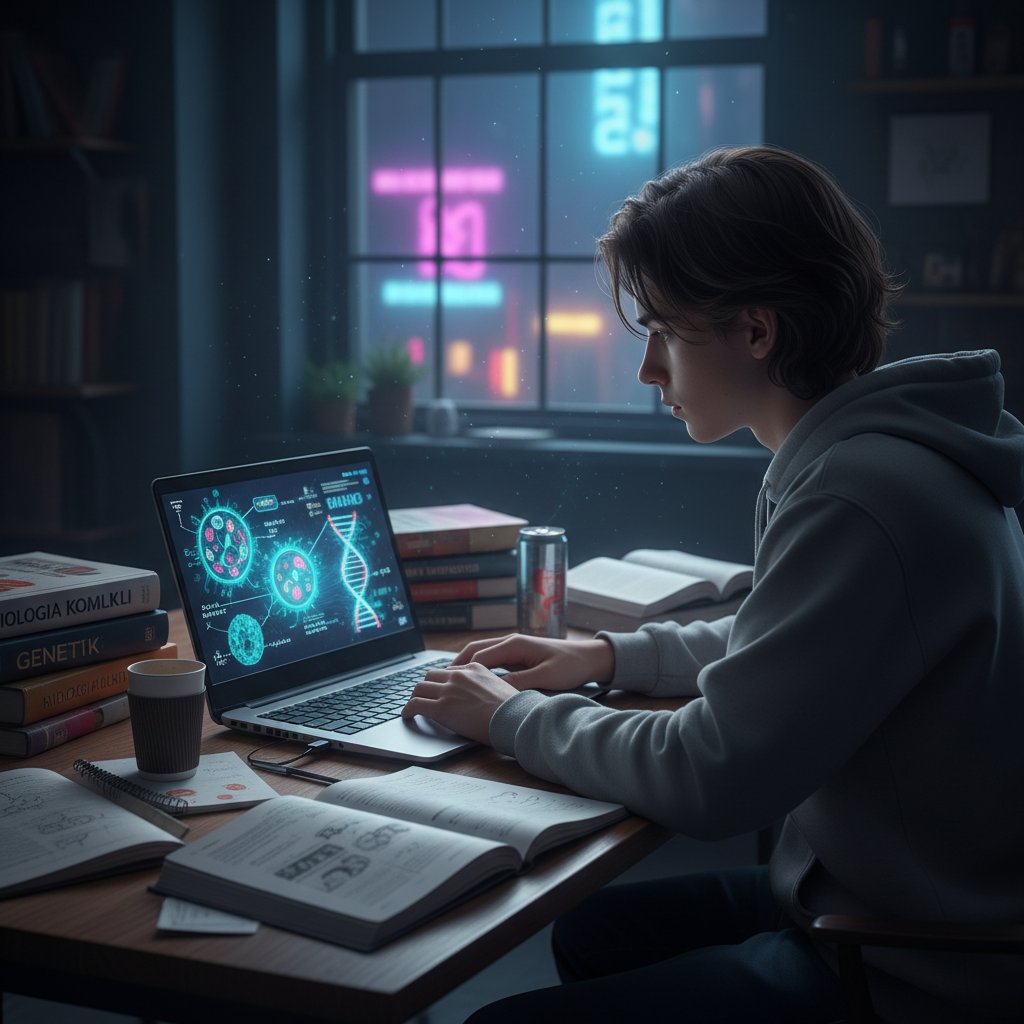 Uczeń technikum uczący się biologii online nocą w swoim pokoju